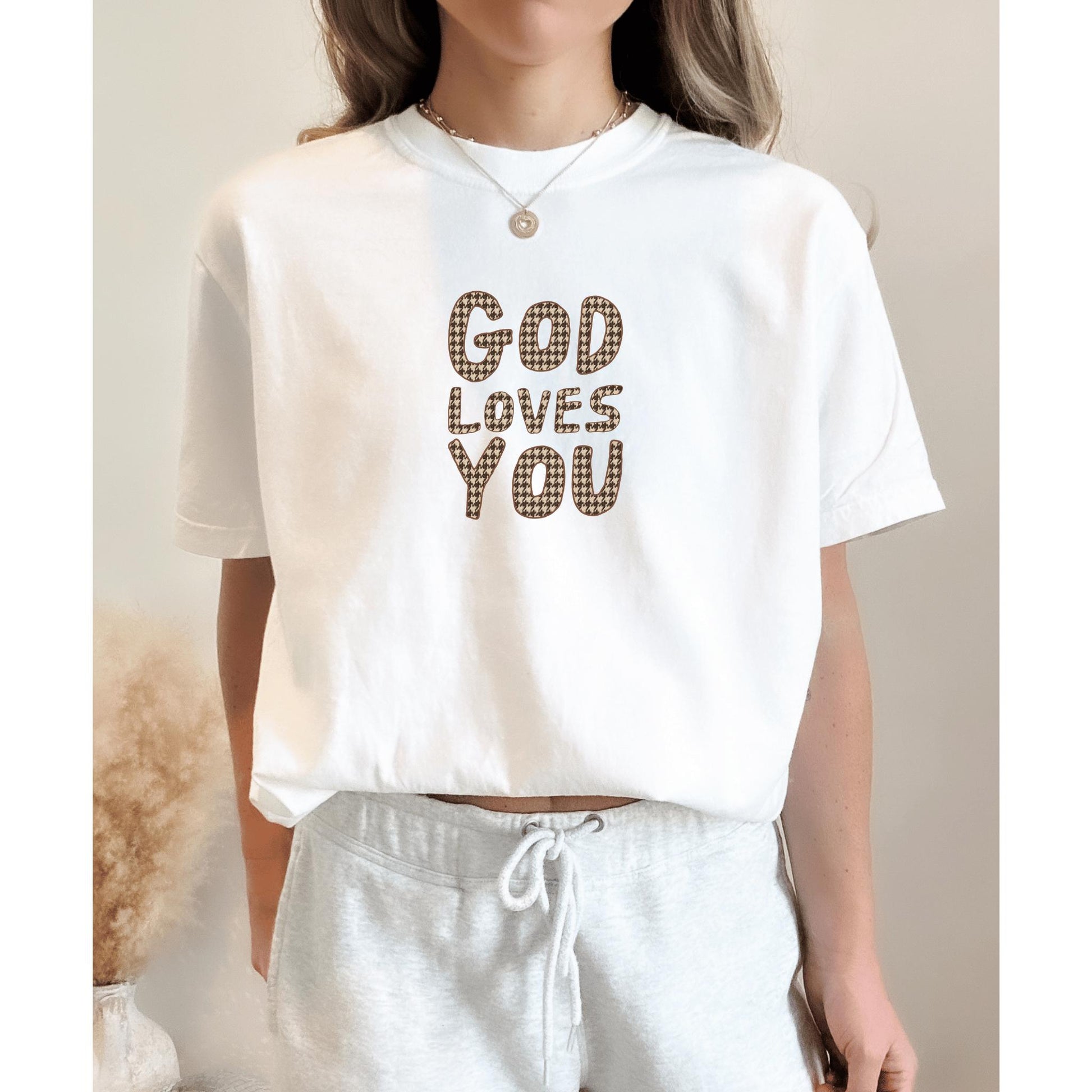 Christian Faith Houndstooth god loves you graphic t-shirt comfort color top