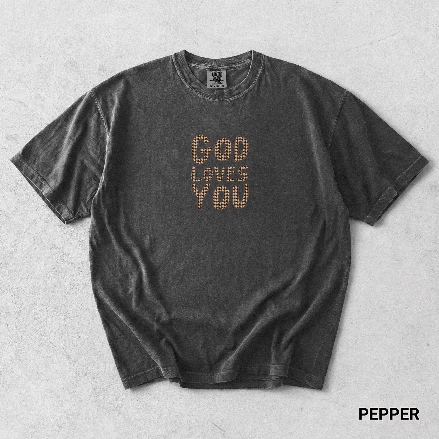 Christian Faith Houndstooth god loves you graphic t-shirt comfort color top