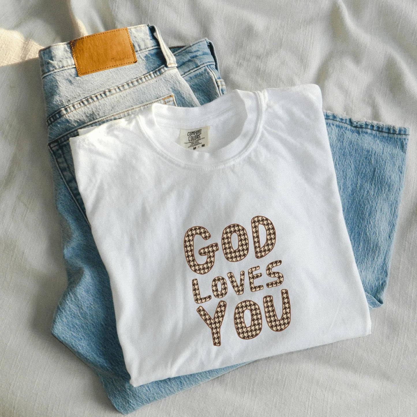 Christian Faith Houndstooth god loves you graphic t-shirt comfort color top