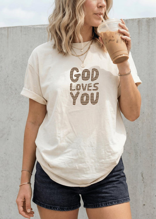 Christian Faith Houndstooth god loves you graphic t-shirt comfort color top