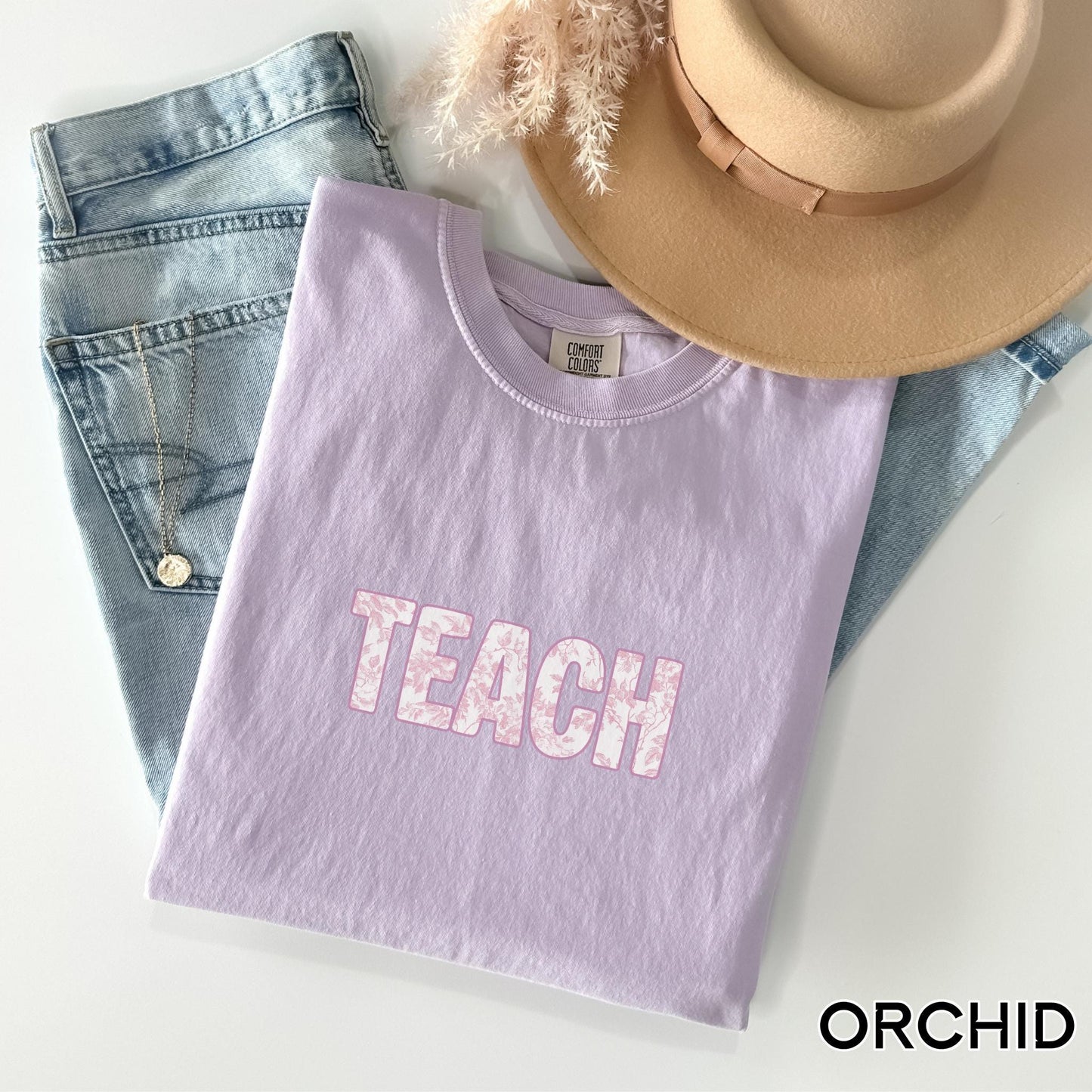 pink french toile teach graphic t-shirt comfort color garment dyed tee