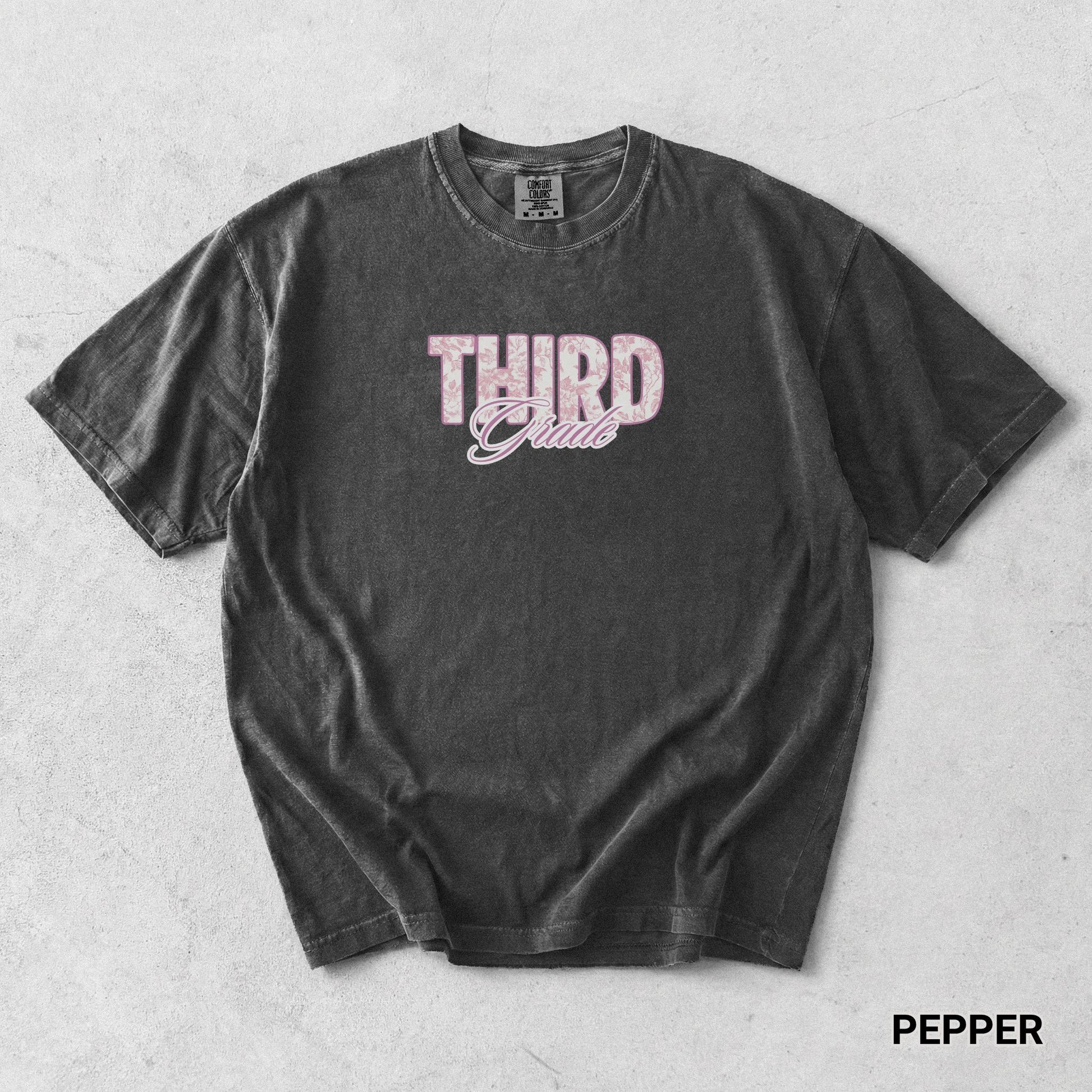 Pink French toile third grade level teacher back to school class preppy graphic t-shirt comfort color garment dyed tee