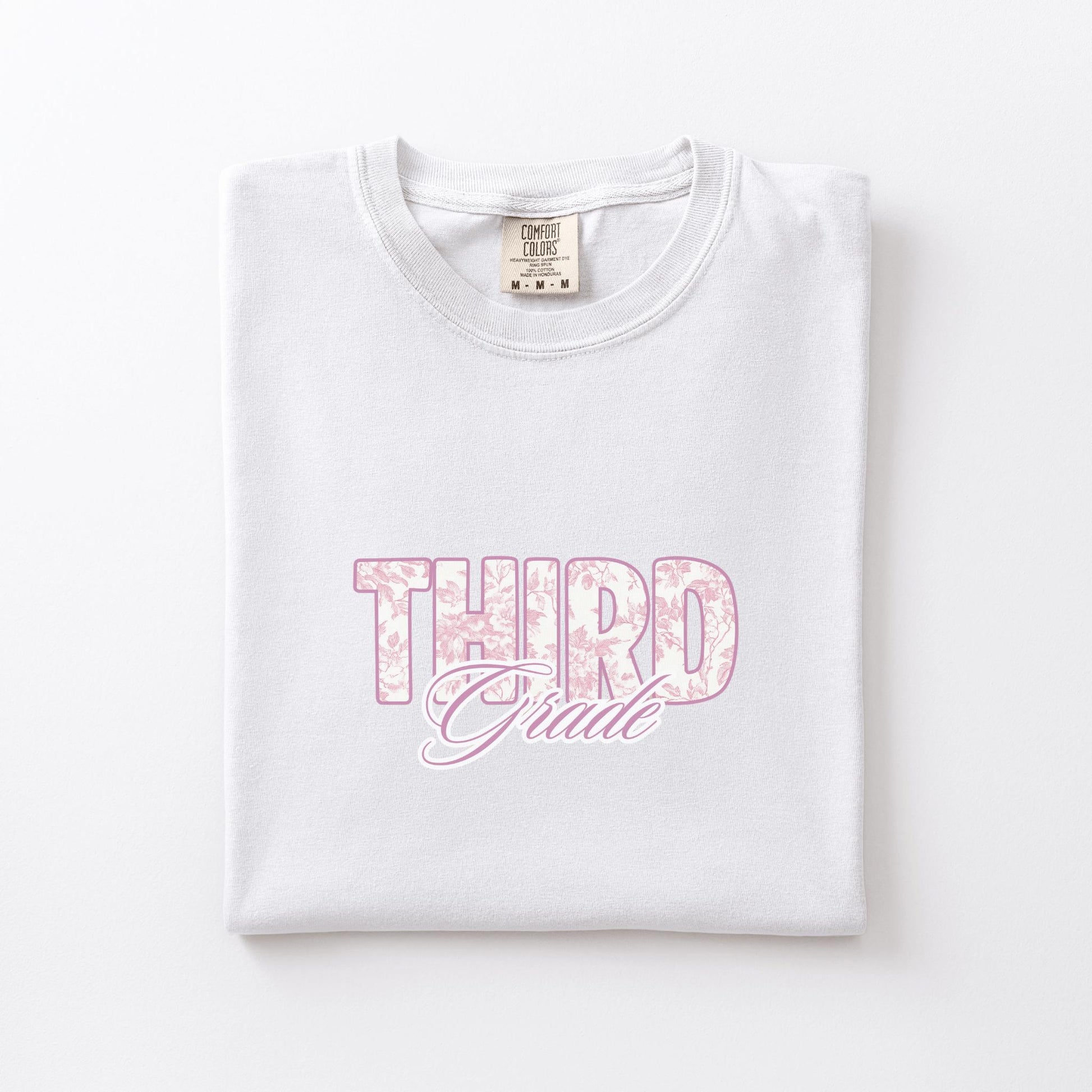 Pink French toile third grade level teacher back to school class preppy graphic t-shirt comfort color garment dyed tee