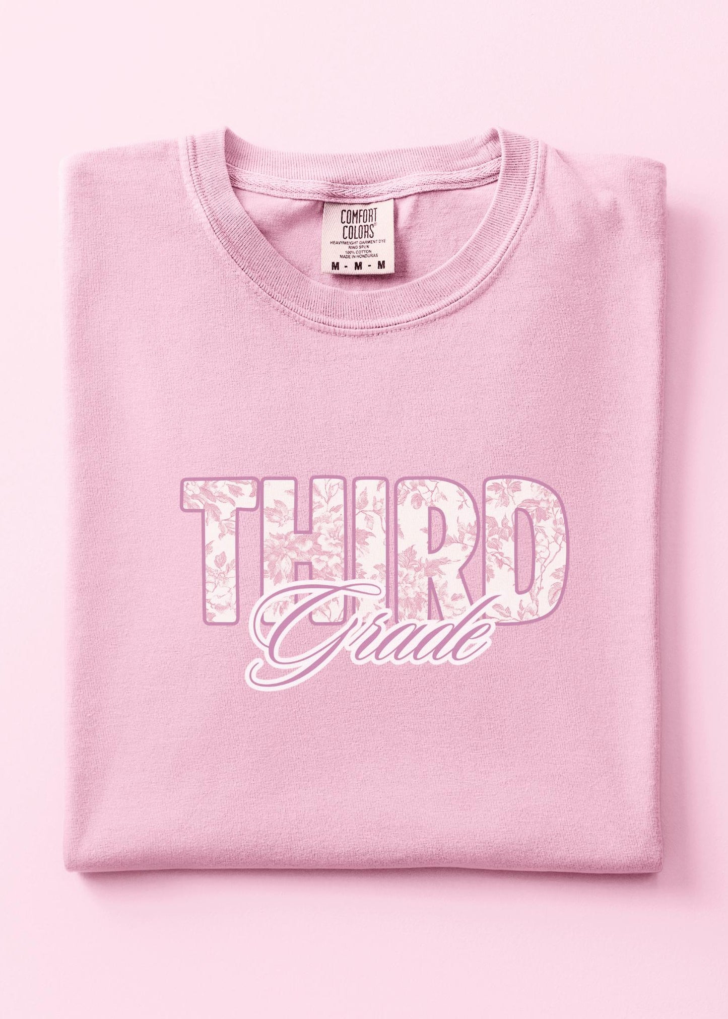 Pink French toile third grade level teacher back to school class preppy graphic t-shirt comfort color garment dyed tee