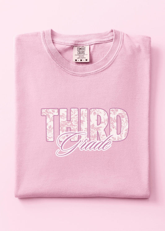 Pink French toile third grade level teacher back to school class preppy graphic t-shirt comfort color garment dyed tee