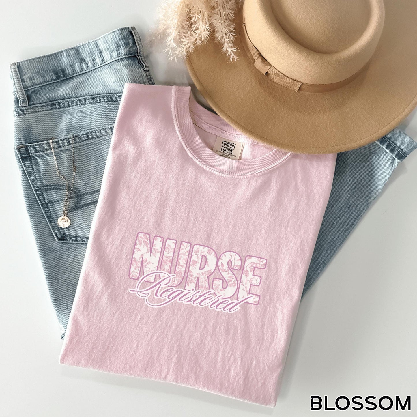 pink french toile registered nurse graphic t-shirt comfort color graphic tshirt