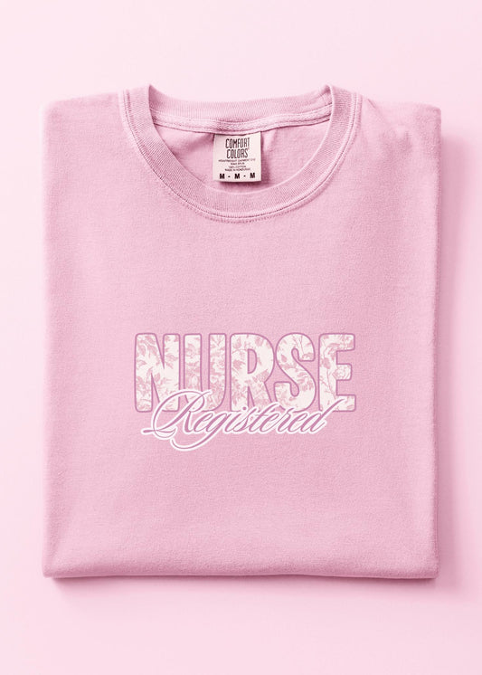 pink french toile registered nurse graphic t-shirt comfort color graphic tshirt