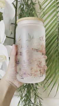 Floral Glass Cup Flower Glass Can 16 oz Libbey Iced Coffee Cup with Lid and Straw Tumbler Gift for Mom Gift for Grandma Gift from Grandkid