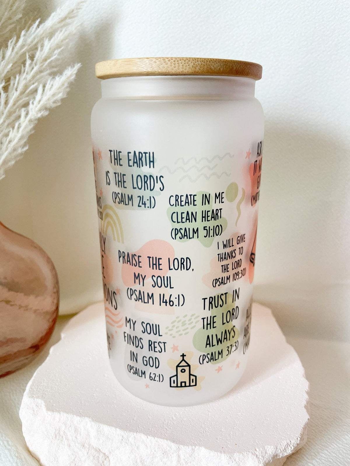 Bible Affirmation Glass Can Tumbler 16 oz Libbey Iced Coffee Cup Tumbler Bible Verse Coffee Cup Daily Reminder Glass Cup with Lid and Straw