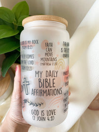 Bible Affirmation Glass Can Tumbler 16 oz Libbey Iced Coffee Cup Tumbler Bible Verse Coffee Cup Daily Reminder Glass Cup with Lid and Straw