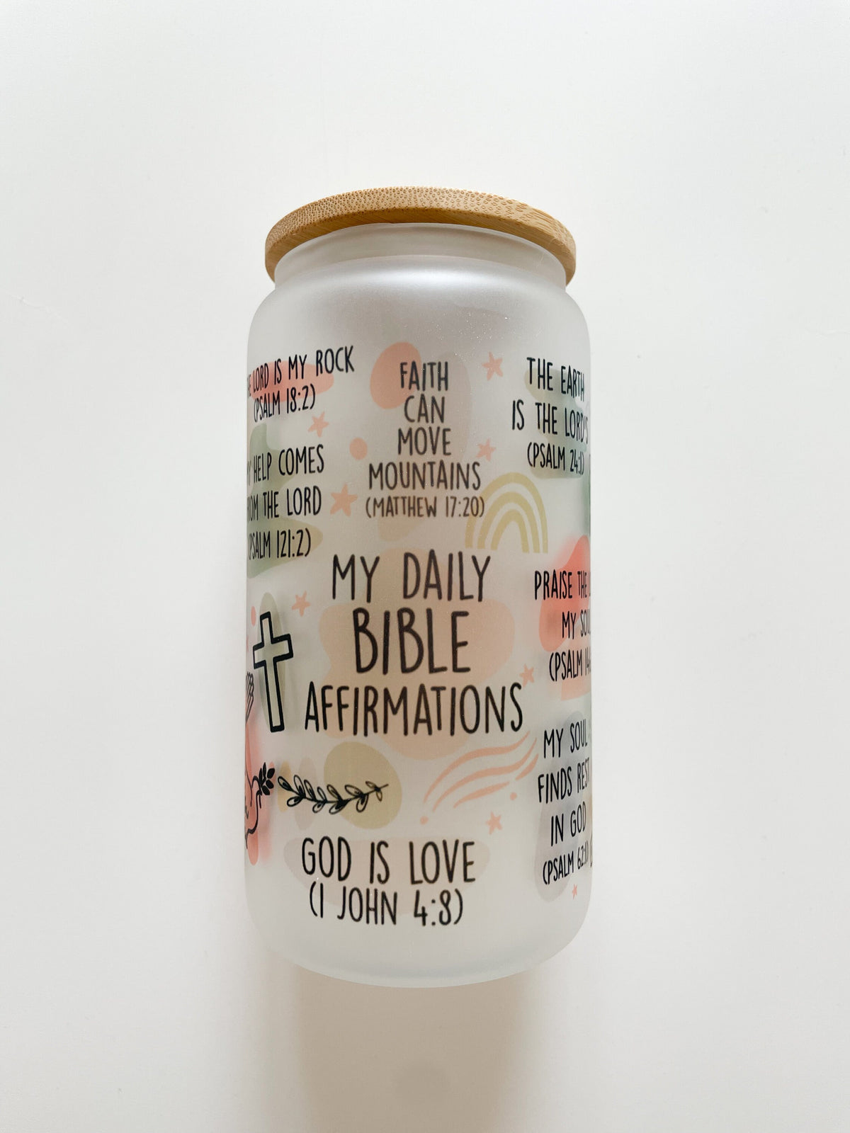 Bible Affirmation Glass Can Tumbler 16 oz Libbey Iced Coffee Cup Tumbler Bible Verse Coffee Cup Daily Reminder Glass Cup with Lid and Straw