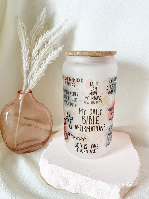 Bible Affirmation Glass Can Tumbler 16 oz Libbey Iced Coffee Cup Tumbler Bible Verse Coffee Cup Daily Reminder Glass Cup with Lid and Straw