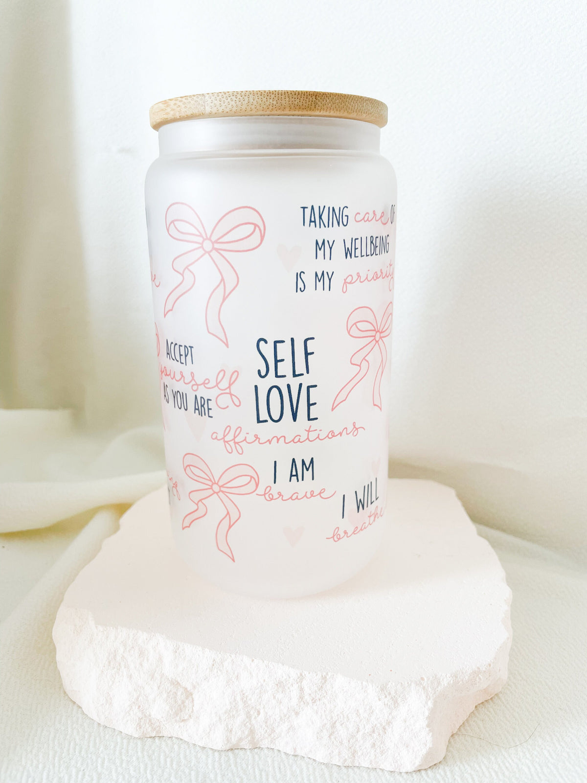 Affirmation Glass Can Tumbler 16 oz Libbey Iced Coffee Cup Tumbler Mental Health Awareness Gift Daily Reminder Glass Cup with Lid and Straw