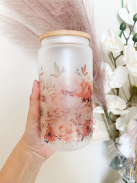 Floral Glass Cup Flower Glass Can 16 oz Libbey Iced Coffee Cup with Lid and Straw Tumbler Gift for Mom Gift for Grandma Gift from Grandkid